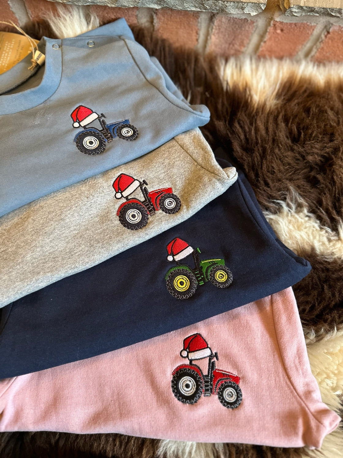 Children's Christmas Sustainable Sweatshirt Embroidered With Tractor Santa Hat Design