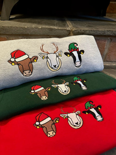 Matching Children/Adult Christmas Sweatshirt Embroidered With 3 Animal Santa Hat Design