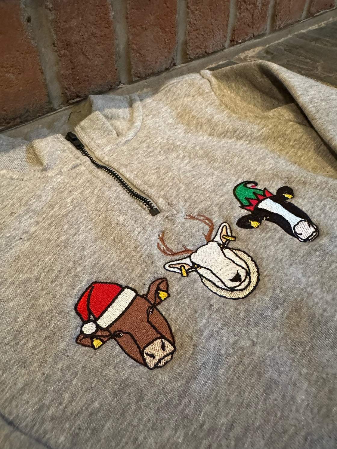 Matching Baby/Toddler/Adult Christmas 1/4 zip Sweatshirt Embroidered With 3 Animal Santa Hat Design