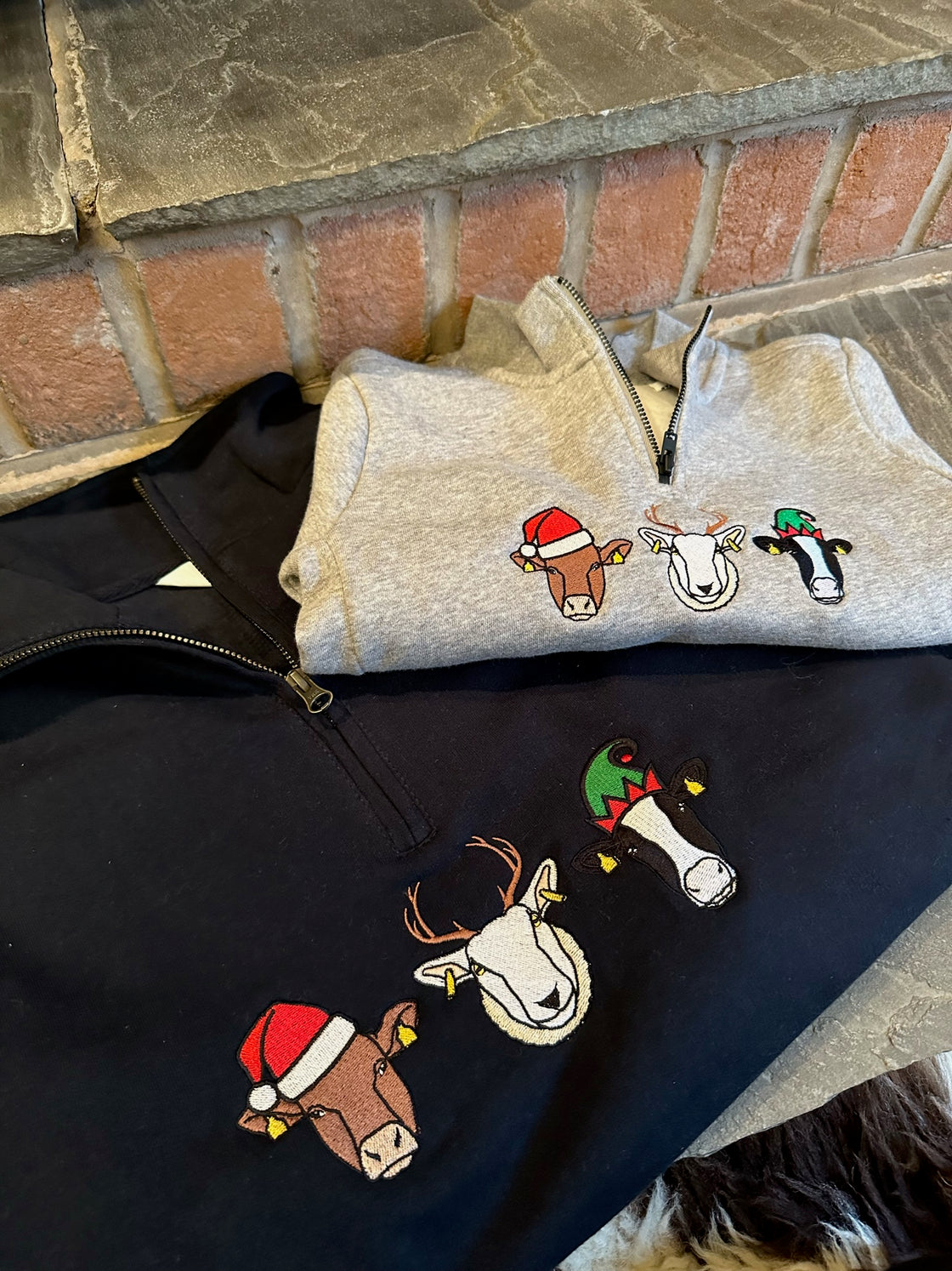 Matching Baby/Toddler/Adult Christmas 1/4 zip Sweatshirt Embroidered With 3 Animal Santa Hat Design