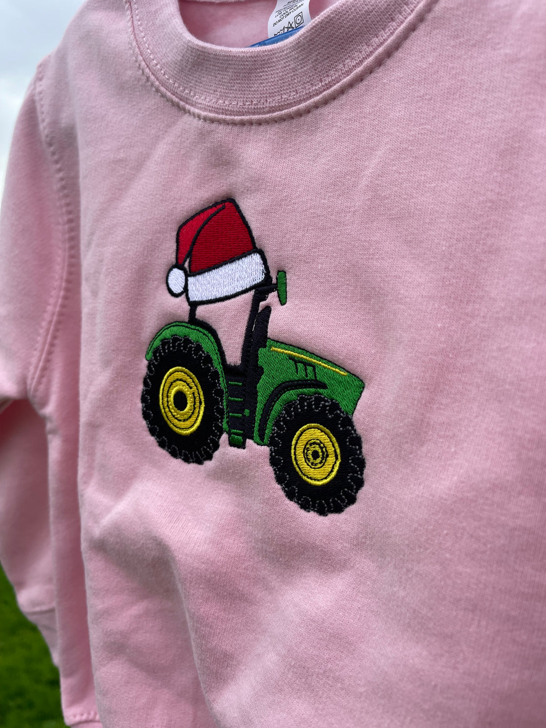 Christmas Sweatshirt Embroidered With Tractor Santa Hat Design