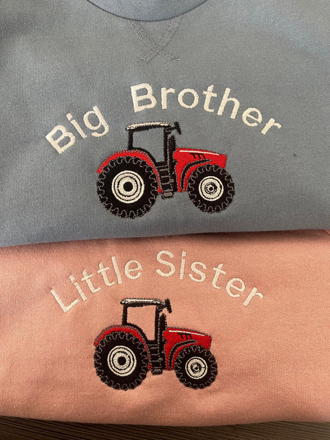 Sweatshirt Embroidered With Big/Little Sibling Tractor Design